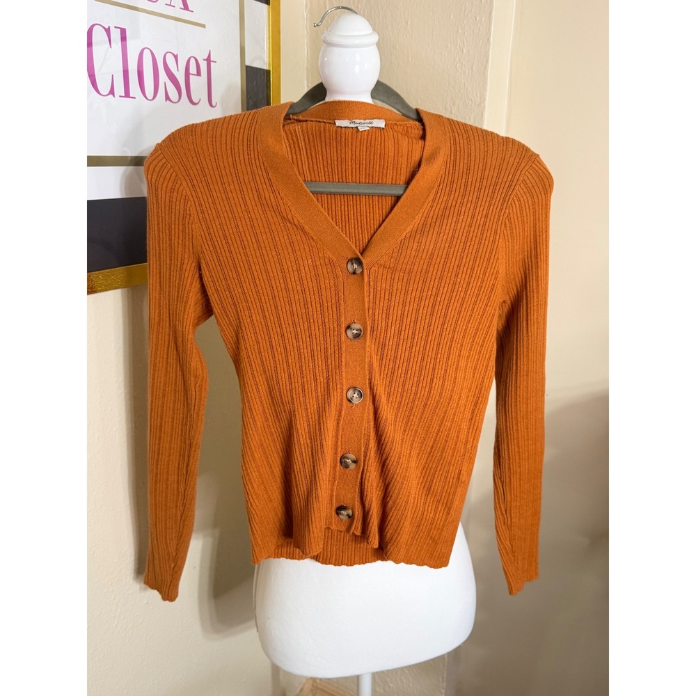 Madewell Ribbed V-Neck Cardigan Sweater Burnt‎ Orange Rust XXS Button Front